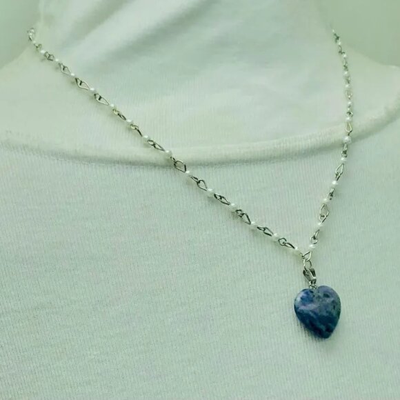 Beaded Chain Necklace With Blue Rhodonite Stone Heart Shape Pendant, Handmade - Picture 10 of 14